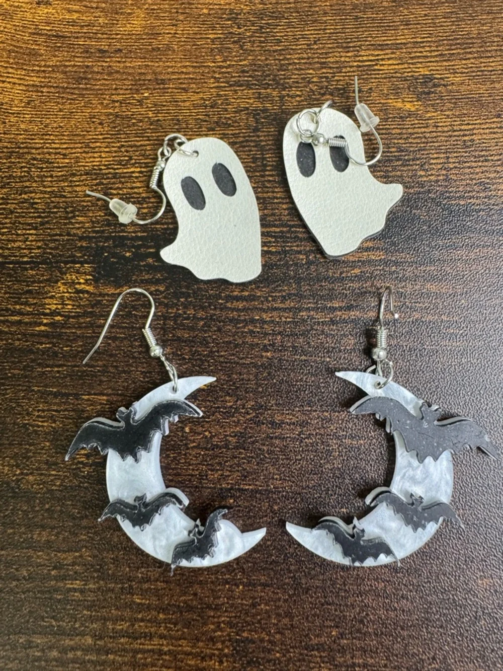 Halloween Ghost and Bat Crescent Moon Dangle Earrings White and Black - Picture 2 of 6
